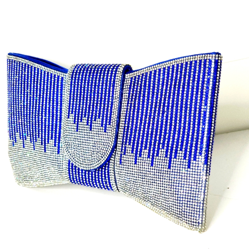 Women's Royal Blue & Silver Rhinestone Bowtie Shape Clutch Handbag Purse